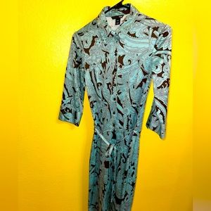 H&M Women's Dress Size 6 Button Front Church Teal Brown Paisley Collar w Belt